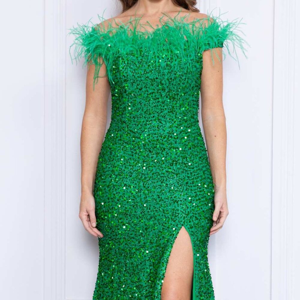 Ed Young Sequin Off the Shoulder Feather Sequin Dress